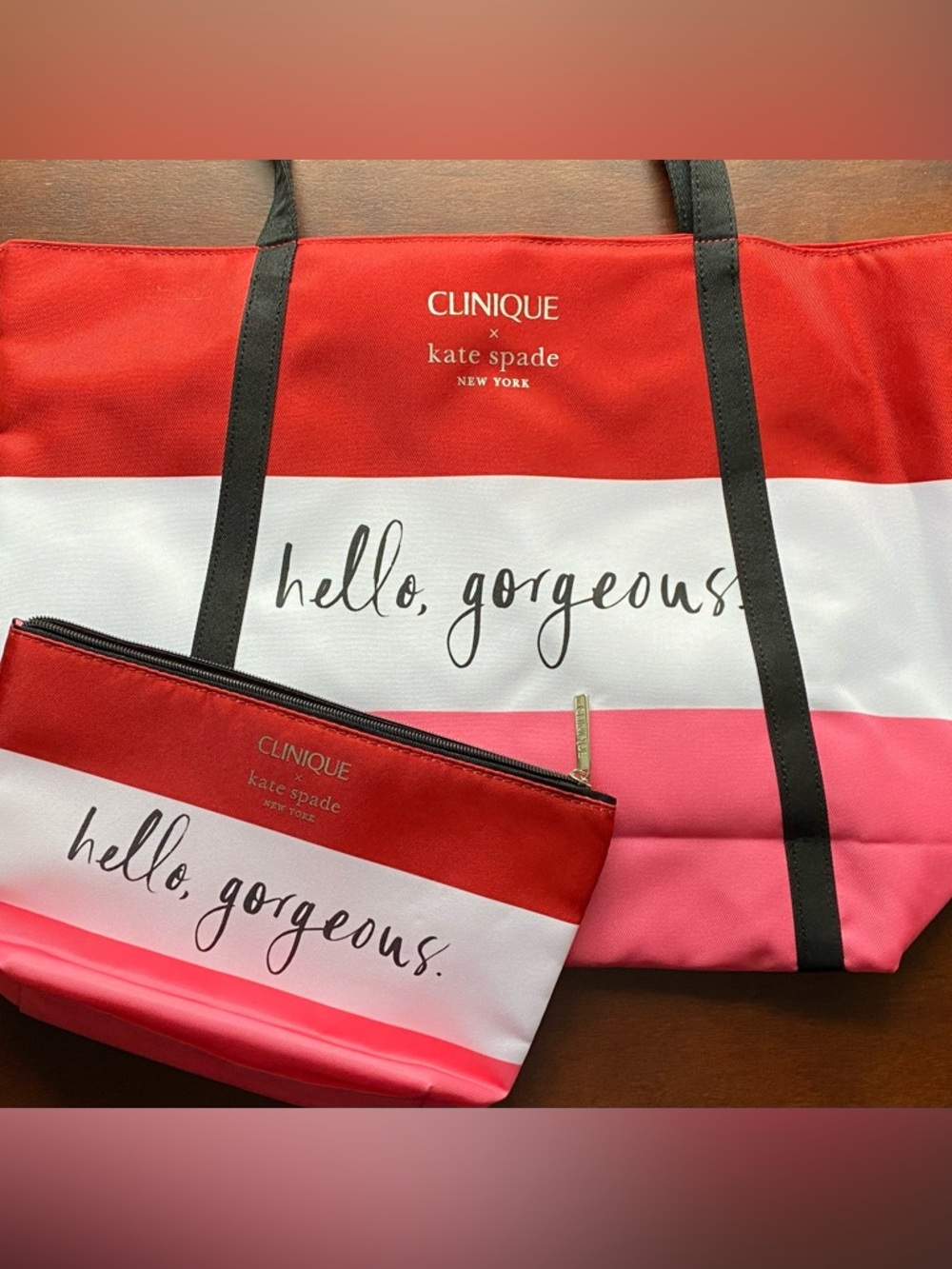 Clinique x Kate Spade ‘Hello, Gorgeous' Red & Pink Stripe Tote and Pouch Set